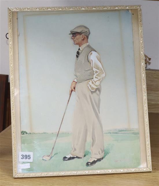 T.M. Thomas, watercolour and bodycolour, Full length portrait of a 1920s golfer, signed, 37 x 27cm